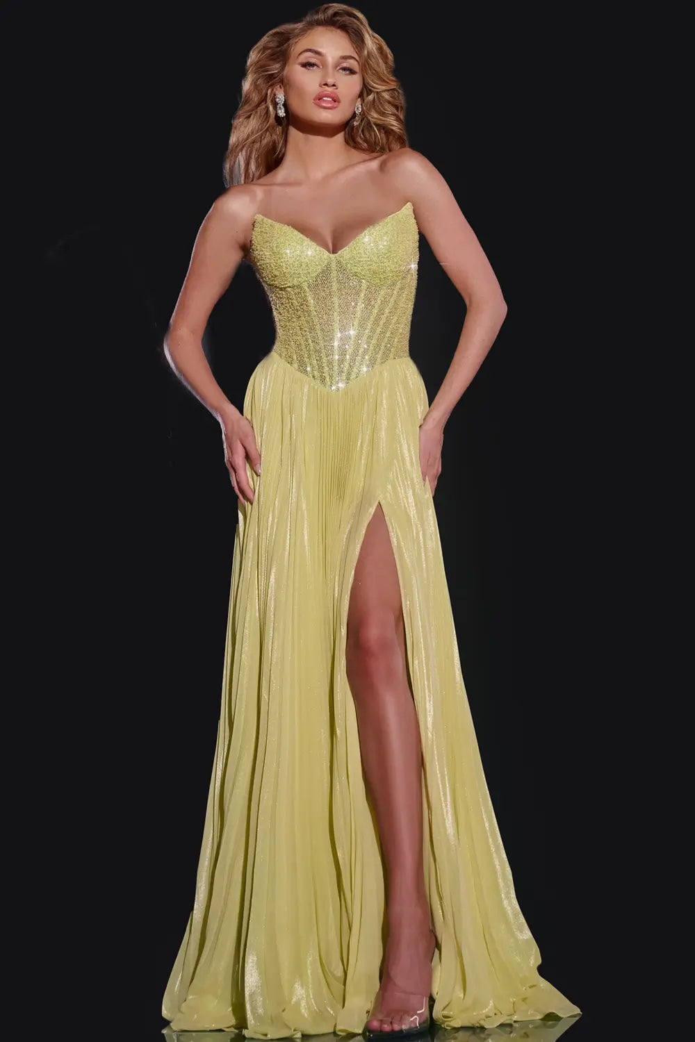 Jovani 43115 Pleated Long Formal A Line Prom Dress - Light Green / 10 Jovani 43115 Pleated Long Formal A Line Prom Dress - Light Green / 10