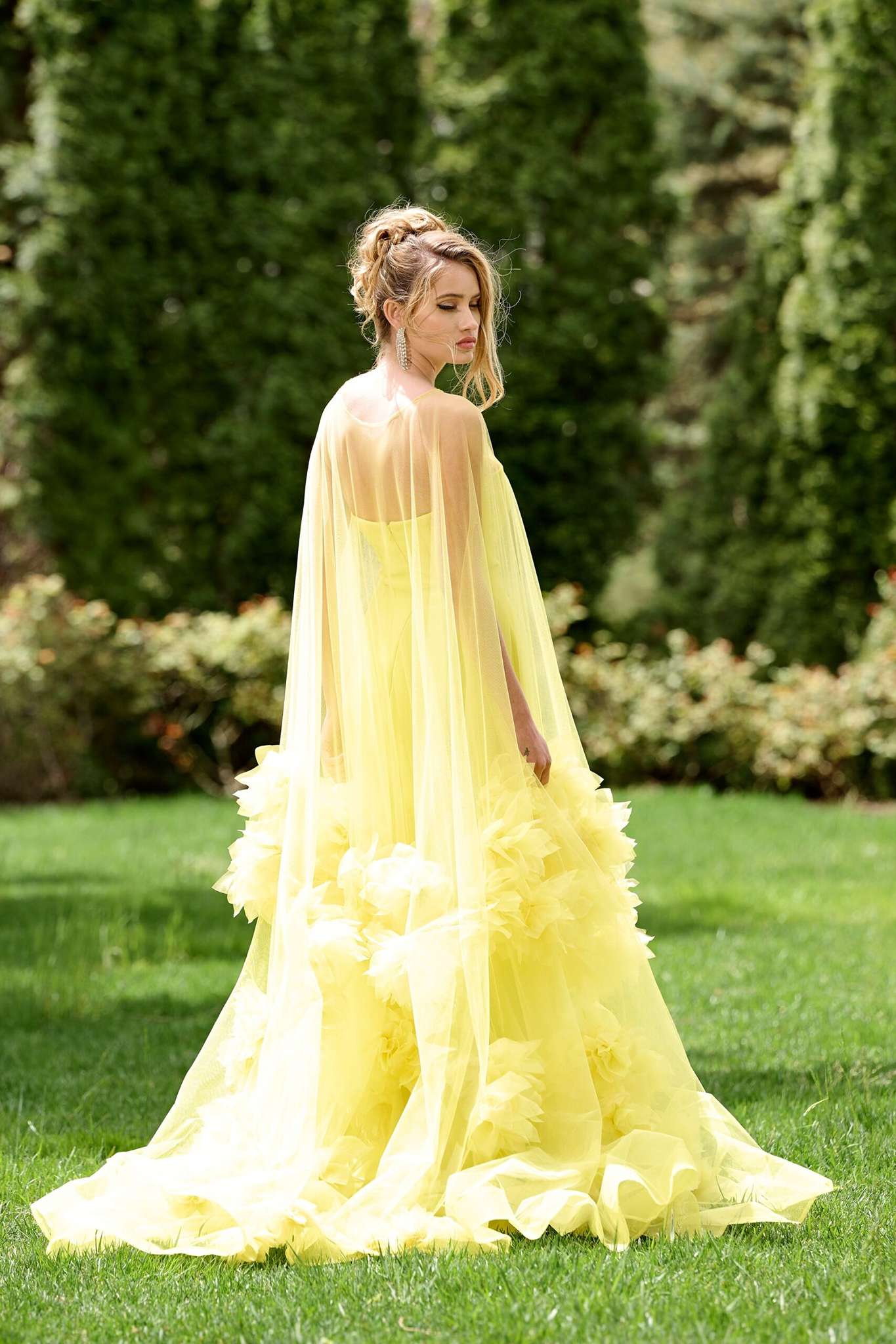 Yellow Tulle Strapless Gown with Floral Appliqués 40092