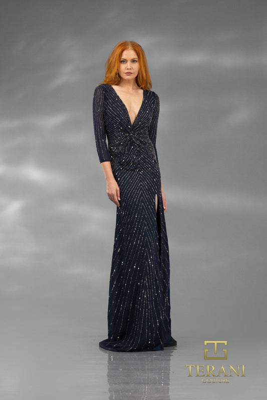 Terani Couture 251M4614 navy V-neck sequin sheath dress, front view