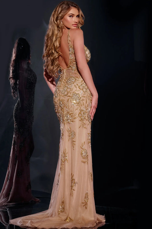 Glamorous V Neckline Beaded Gown 07355