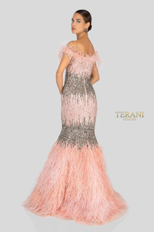 Ostrich Feather Fringed Bejeweled Mermaid Gown - 1911GL9512