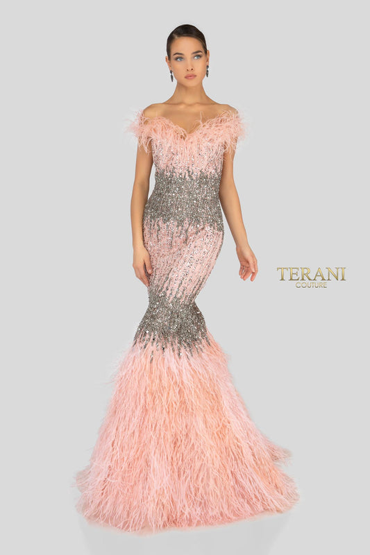 Ostrich Feather Fringed Bejeweled Mermaid Gown - 1911GL9512
