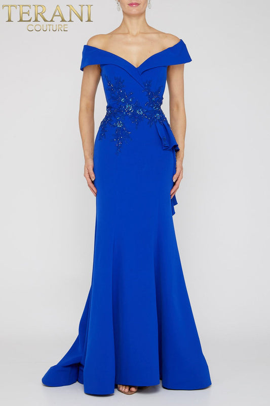 Off Shoulder Side Drape Peplum Mermaid Gown- 1911M9339