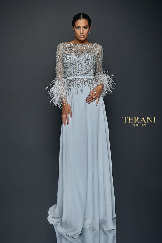 Chiffon Skirt Gown With Feather Accented Sleeves - 1921M0473
