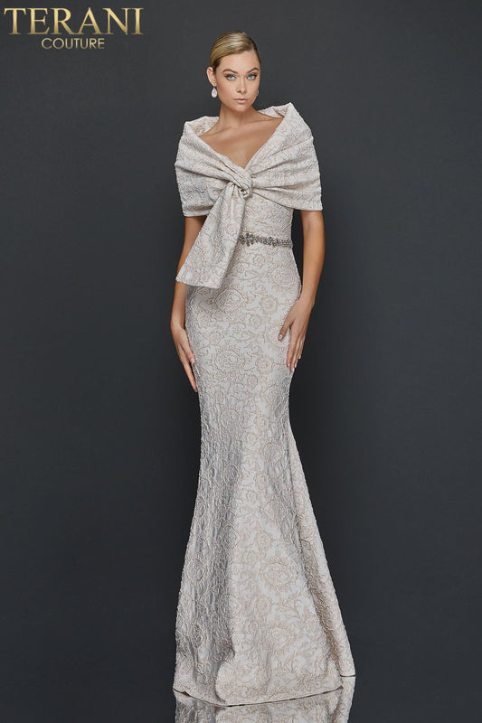 Draped Off Shoulder Stretch Jacquard Gown - 1921M0726