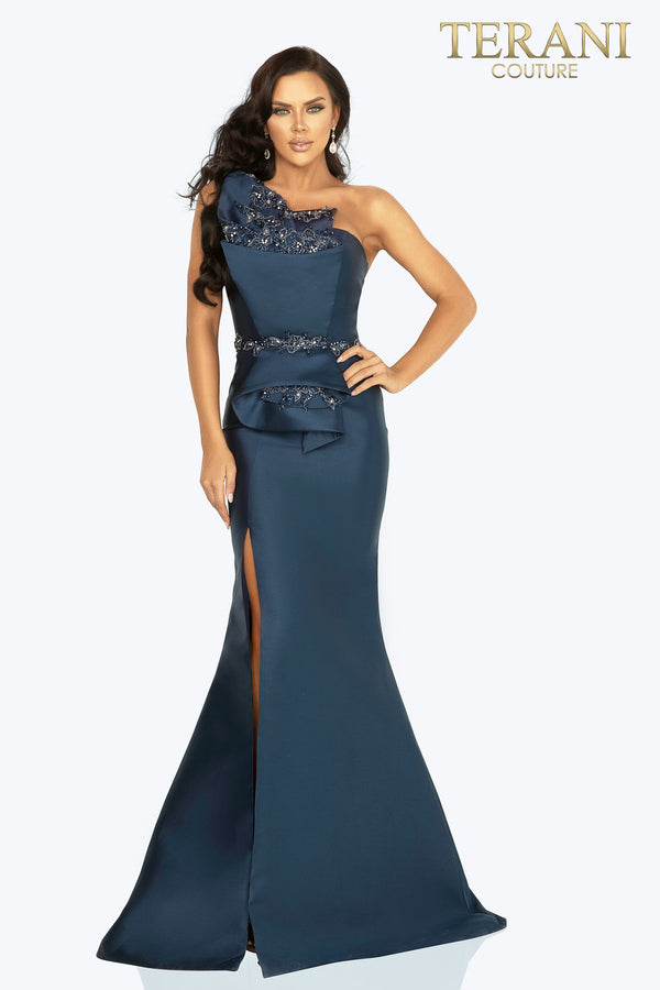 Mikado One Shoulder Bead Detailed Evening Gown With Slit - 2011E2103