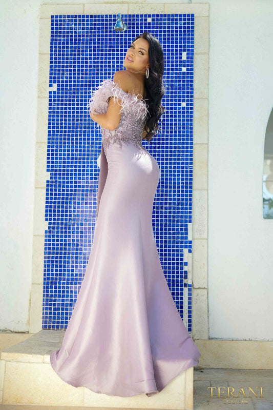 Terani Couture 241E2490 – Vestido de noche tipo columna con escote de hombros caídos y destellos