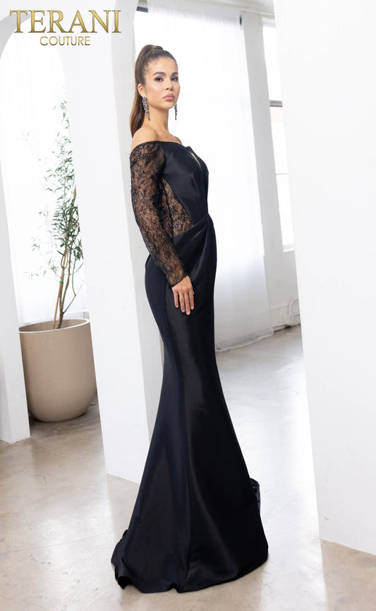 Terani Couture 241M2734 – Vestido de noche de corte trompeta con hombros descubiertos y manga larga