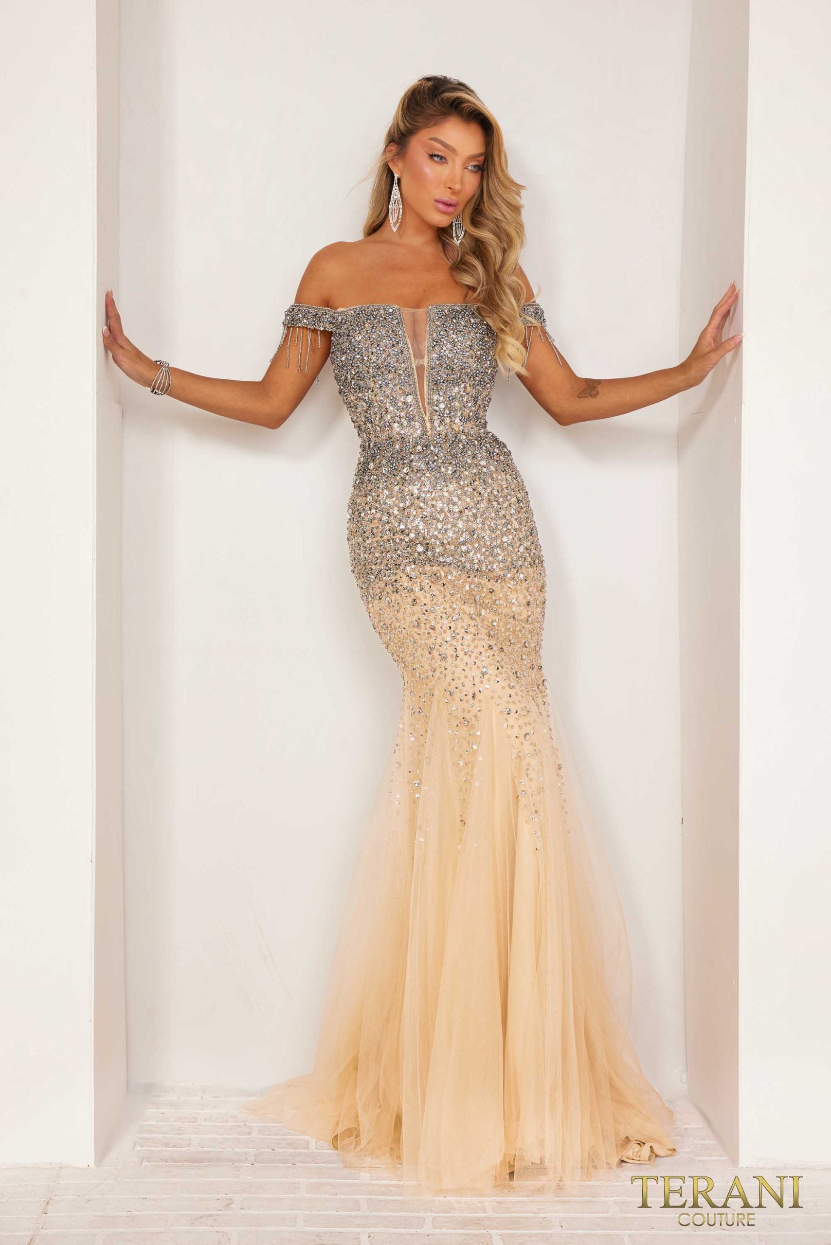 Terani Couture 241P2095 – Off-Shoulder Tulle Bodycon Long Prom Dress – Belameur