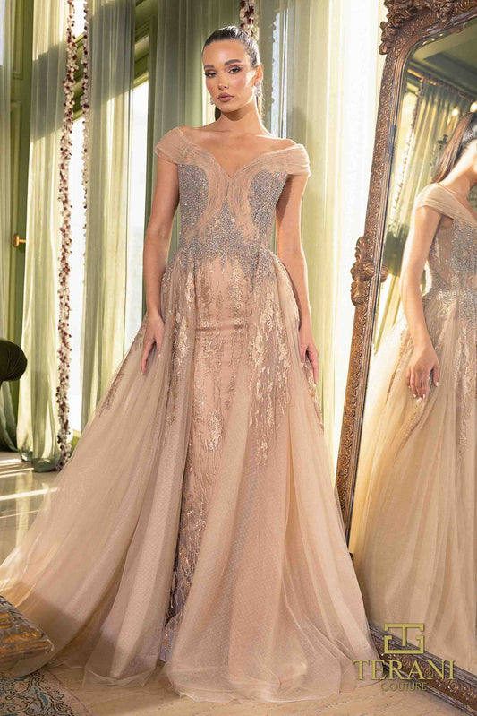 Terani Couture 242M3347 Taupe tulle off-shoulder sweetheart ball gown, front view