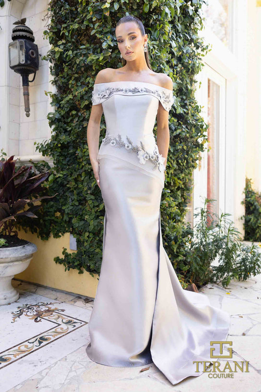 Terani Couture 242M3356 Silver Taupe Mikado off-shoulder trumpet formal gown, front view