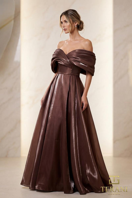 Terani Couture 251M4044 – Off-Shoulder A-Line Gown with Front Slit | Espresso