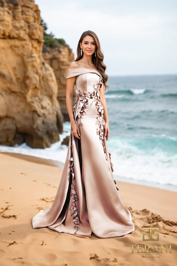Terani Couture 252M5317 – Crepe Back Satin Off-Shoulder Fit & Flare Gown