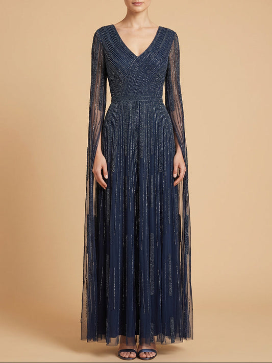 V-Neck Beaded Dress with Long Cape Sleeves |  28835