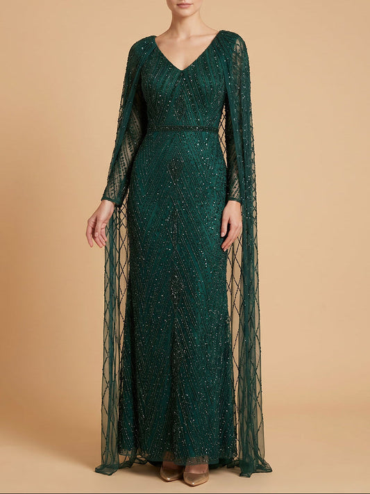 V-Neck Beaded Dress with Long Cape |  28839