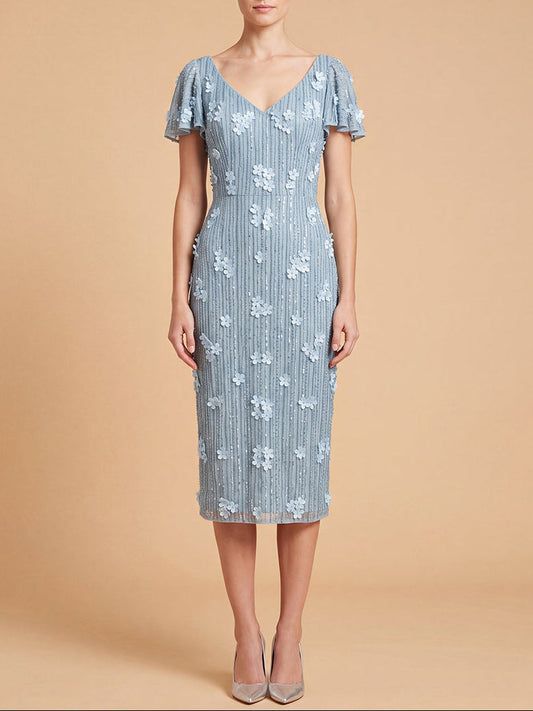 3D Floral Embellished Midi Dress with Cape Sleeves | 28851