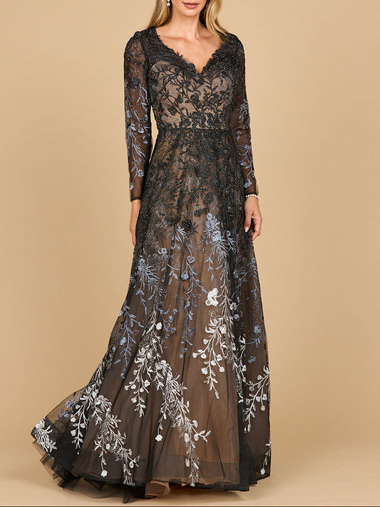 Vestido largo de encaje con cuello en V y efecto degradado | 28878