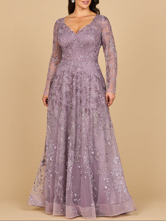 Vestido largo de encaje con cuello en V y efecto degradado | 28878