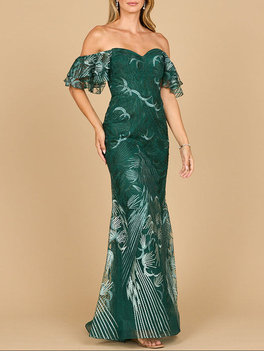 Vestido de encaje corte sirena con hombros descubiertos | Lara 28884