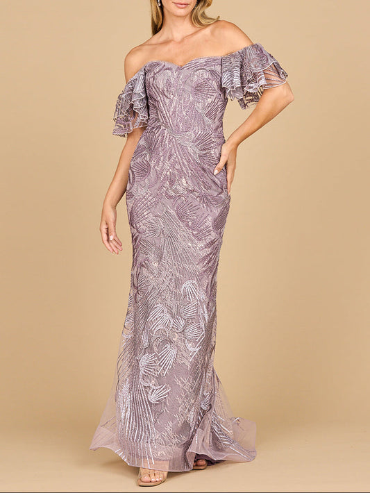 Vestido de encaje corte sirena con hombros descubiertos | Lara 28884