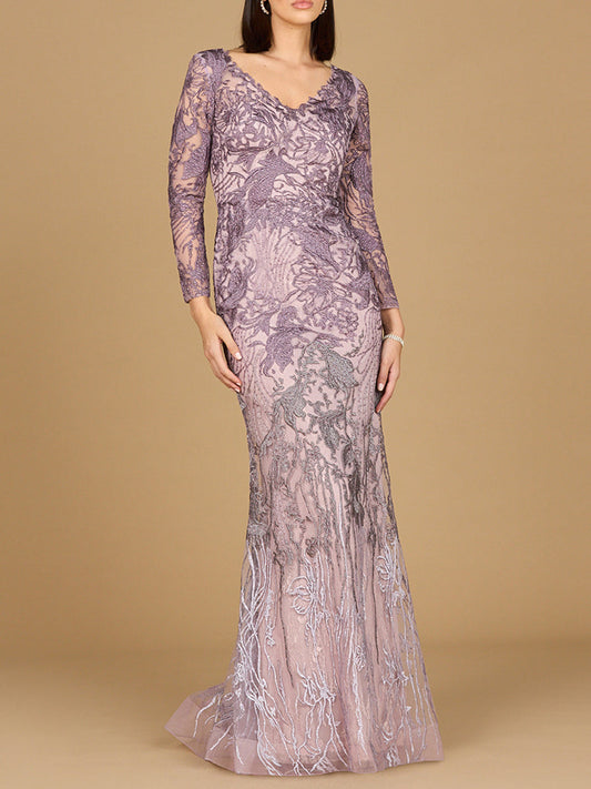 Vestido corte sirena con cuello en V y manga larga