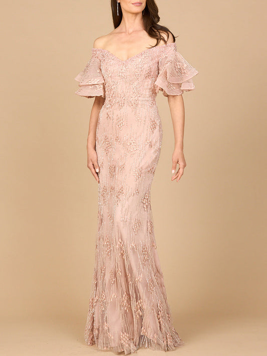 Vestido de sirena con hombros descubiertos y mangas escalonadas