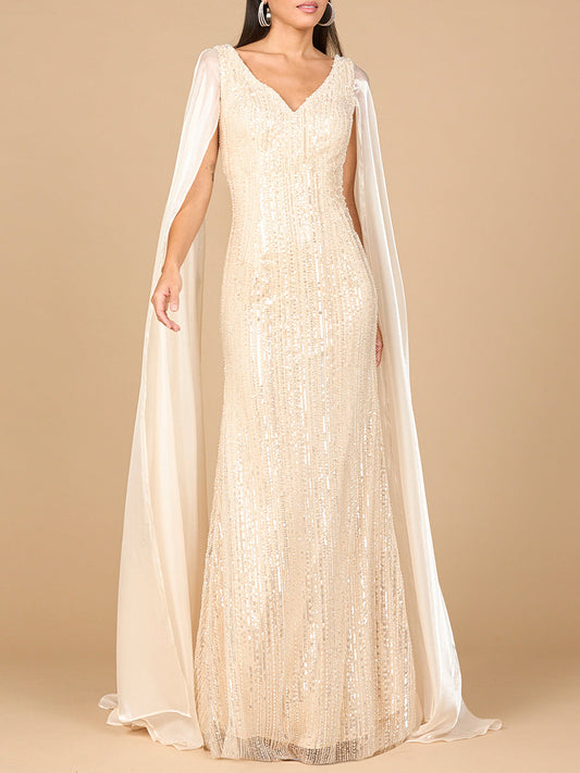 Beaded Gown with Satin Cape Sleeves