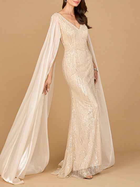 Beaded Gown with Satin Cape Sleeves