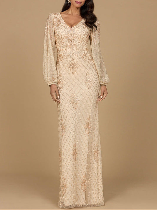 Long Sleeve Beaded Gown with Bishop Sleeves | 28955