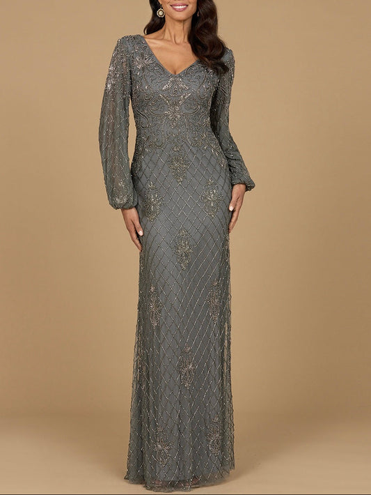 Vestido largo con pedrería y mangas obispo | 28955