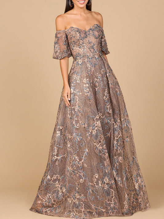 Vestido de gala de encaje con hombros descubiertos