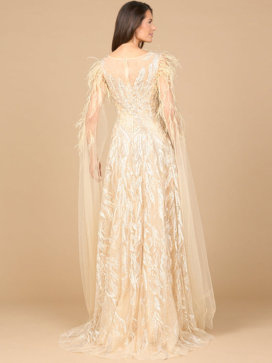 V-Neck Lace Gown with Cape Sleeves