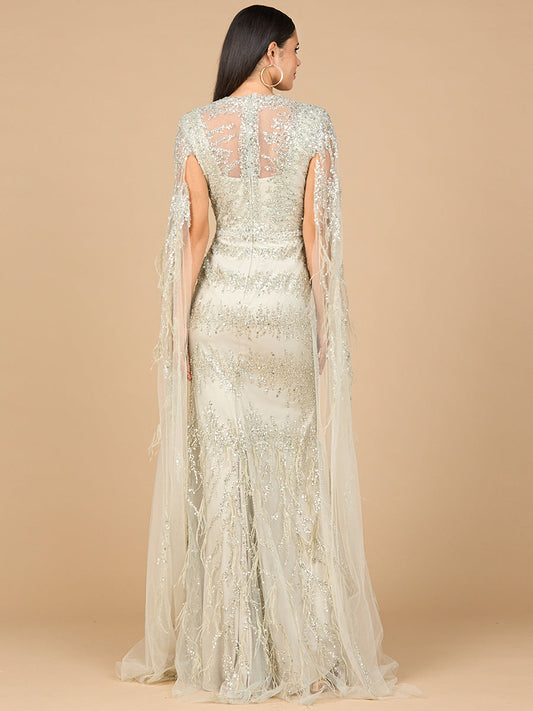 V-Neck Gown with Long Cape Sleeves and Feathers