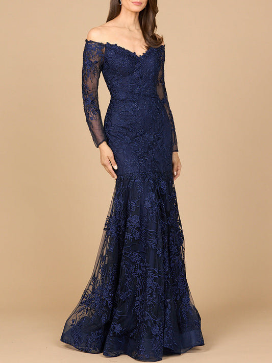 Vestido de noche estilo sirena con mangas largas y hombros descubiertos