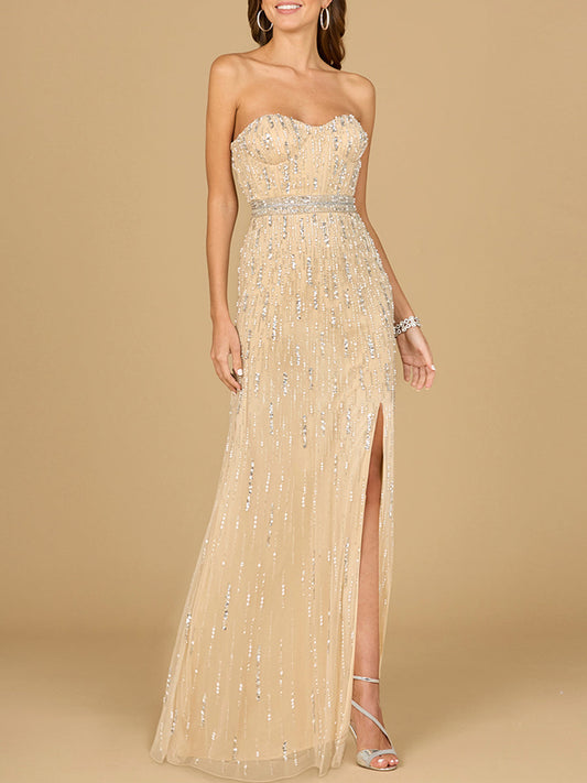 Vestido de fiesta sin tirantes con cuentas y abertura - OUTLET