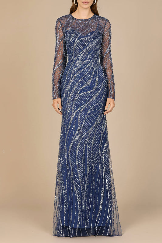 Vestido ajustado de manga larga con cuentas plateadas