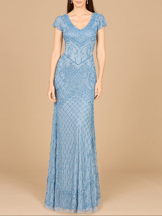 Beaded Cap Sleeve Gown With V-Neckline - OUTLET