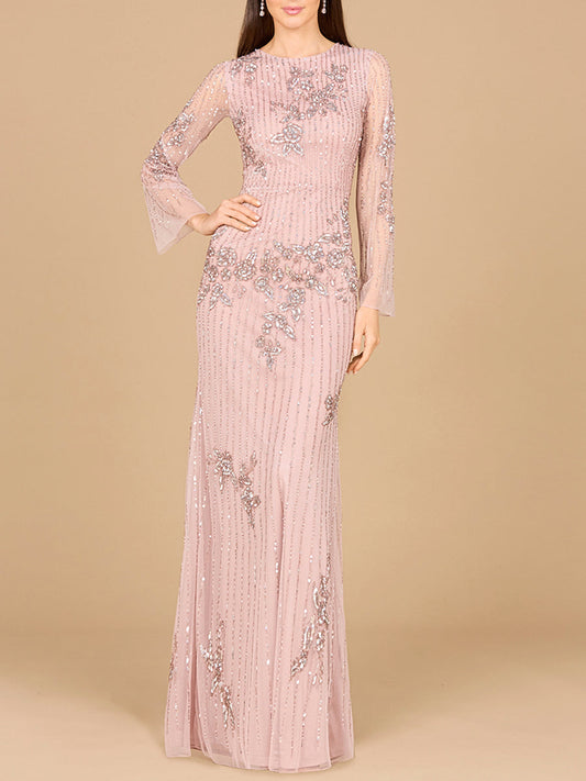 Long Sleeve, High Neck Beaded Gown - OUTLET