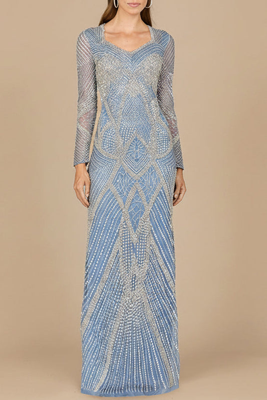 Vestido de manga larga con cuello en V y pedrería