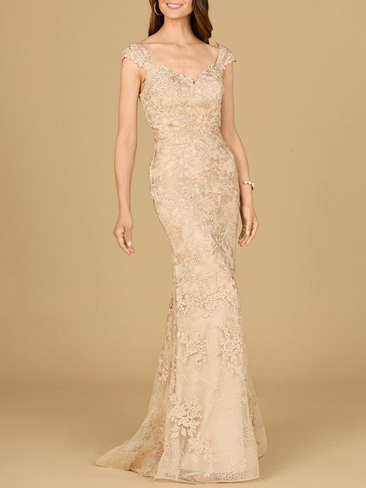 Vestido de encaje corte sirena con mangas casquillo