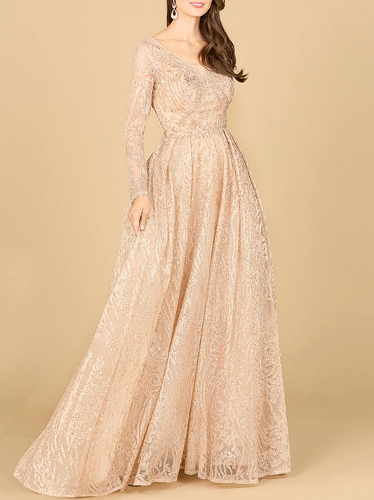 Long Sleeve, A-line Gown with a V-Neckline