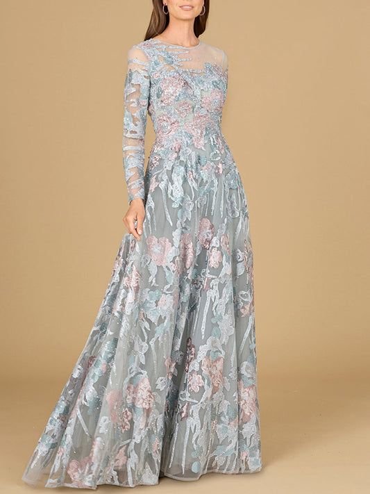 Vestido de gala de manga larga con cuello ilusión