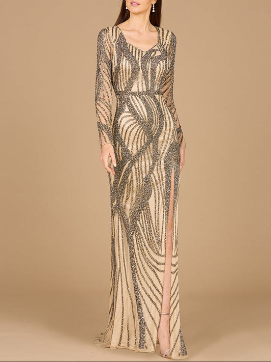 Cascading Beads Long Sleeve Dress - OUTLET