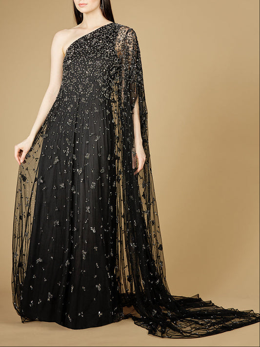 One Shoulder Cape Sleeve Gown