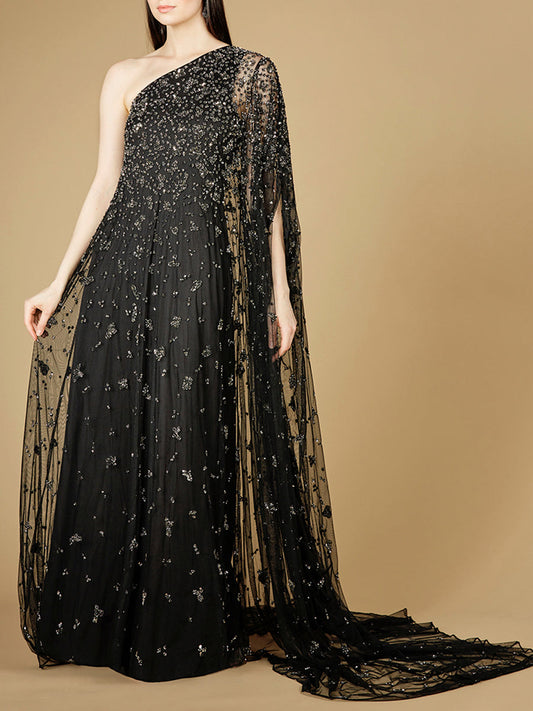 One Shoulder Cape Sleeve Gown