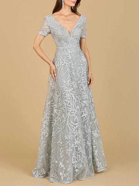 Short Sleeve Lace A-Line Dress with V-Neckline