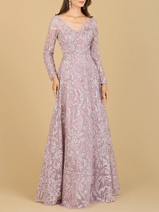 A-line Gown With Long Sleeves, V-Neckline