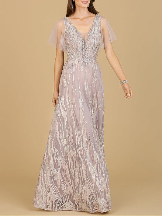 Vestido de gala con cuello en V y mangas tipo capa - OUTLET
