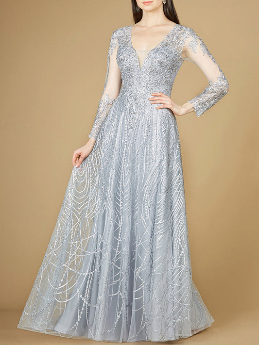 Vestido ajustado de cuello en V con mangas largas transparentes