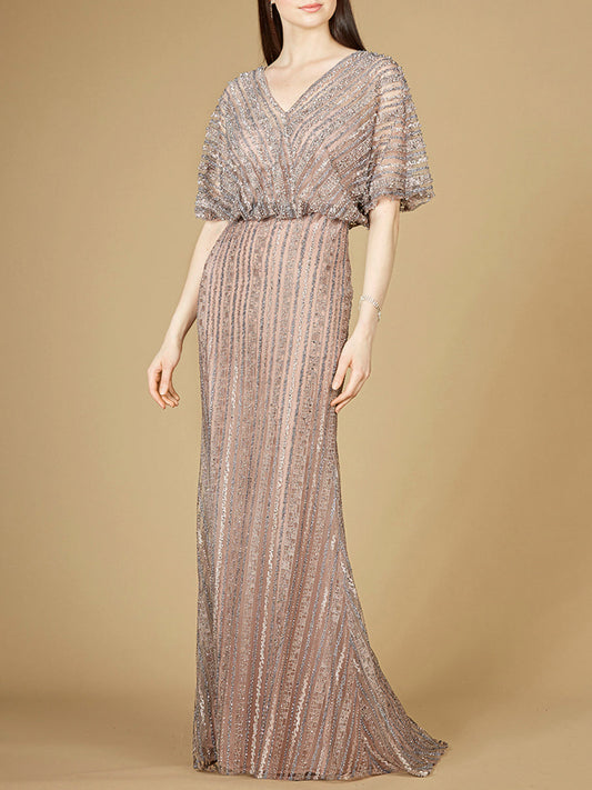Cape Sleeve V-Neck Gown with Geometric Beading